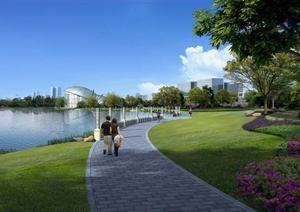 某现代滨水公园景观步道效果图PSD格式