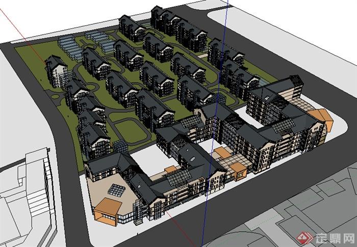 某现代中式风格多层住宅建筑设计方案SU模型1(2)