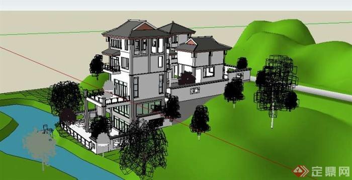 某现代中式临河别墅住宅建筑SU模型