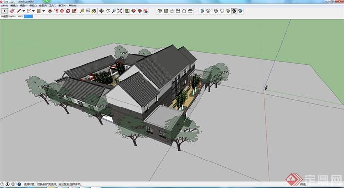 某一现代中式风格庭院住宅建筑SU模型