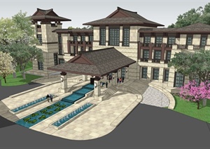 某东南亚风格会所建筑及景观设计SU(草图大师)精细模型
