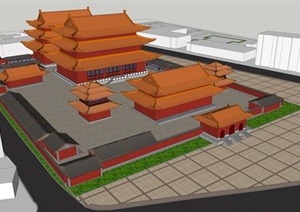 某观音庙建筑规划设计SU(草图大师)整体模型