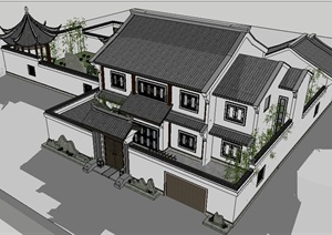 某中式小别墅建筑设计SU(草图大师)模型（带庭院景观）