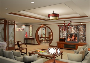 某现代中式客厅室内空间设计效果图PSD格式