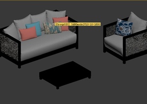 现代中式沙发抱枕桌子组合家具3Max模型