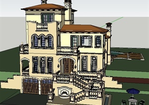 某西班牙风格独栋豪华别墅私人住宅建筑SU(草图大师)模型