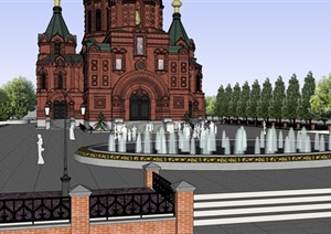 某旅游景点拜占庭式建筑圣索菲亚教堂建筑SU(草图大师)模型