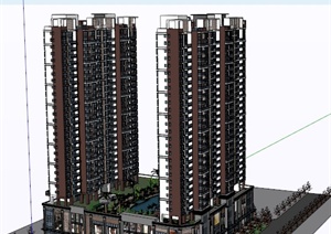 某现代风格高层住宅商住楼建筑SU(草图大师)模型