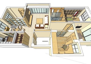 某大三房两厅家装修设计SU(草图大师)模型
