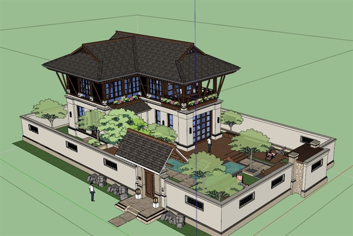 三栋东南亚庭院独栋小别墅建筑SU模型