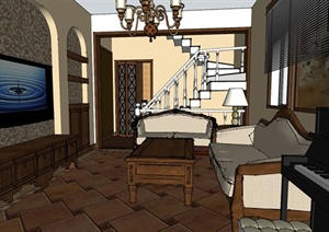 某北美风格复式住宅客厅餐厅室内空间SU(草图大师)模型