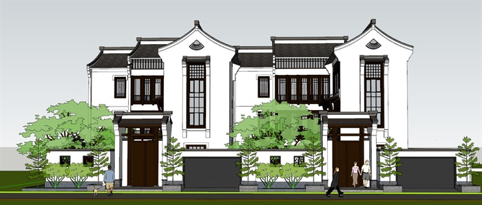 某现代中式联排别墅建筑设计方案SU模型(1)