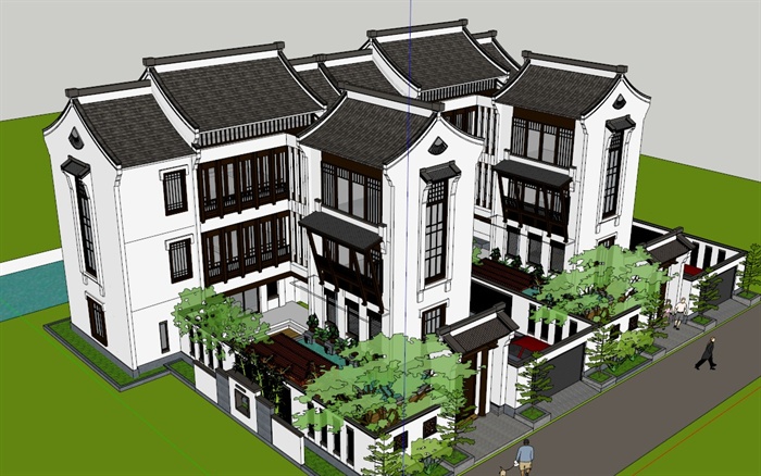 某现代中式联排别墅建筑设计方案SU模型(2)