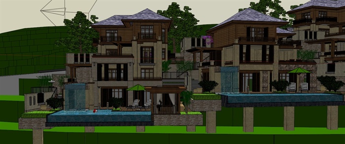 某东南亚风格坡地度假别墅建筑设计方案SU模型(2)