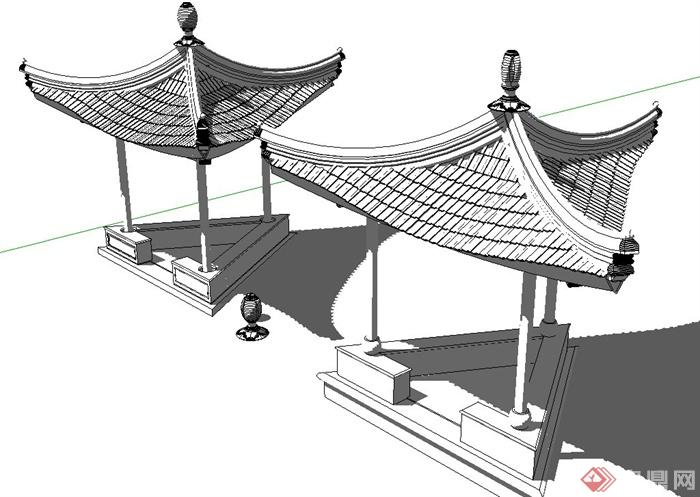 某古中式三角亭设计SU模型(1)