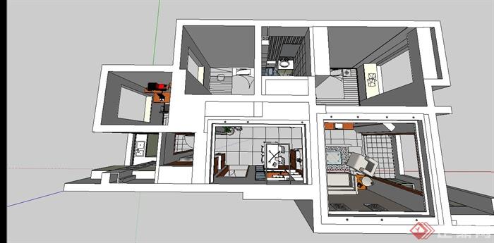 某中式两室住宅装饰设计SU模型(2)