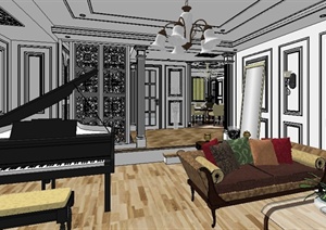 某欧式四室两厅室内空间装饰设计SU(草图大师)模型