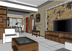 某中式风格复式住宅客厅餐厅室内设计SU(草图大师)模型
