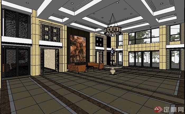 某中式风格酒店大厅室内设计SU模型(3)