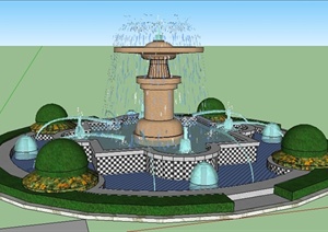 某半径10m高度5m的喷泉水景SU(草图大师)模型