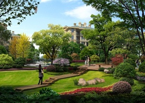 某别墅绿地景观及休憩平台设计效果图PSD分层素材