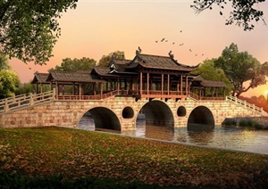 某公园拱桥景观设计效果图PSD分层素材