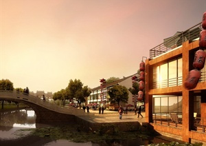某滨水商业街景观设计效果图PSD格式
