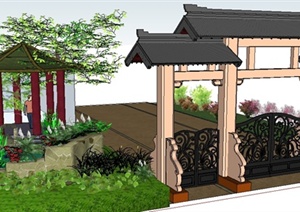 某中式庭院花园景观设计SU(草图大师)模型（含大门）