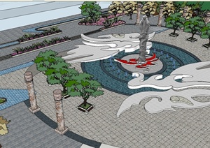 某现代中式商喷泉广场景观设计SU(草图大师)模型
