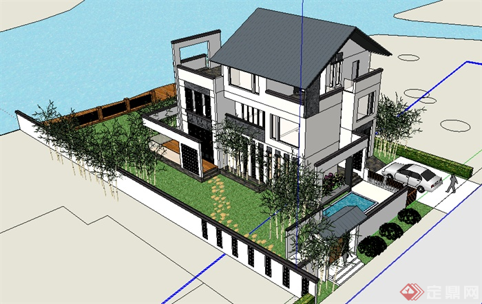 某地中式风格别墅住宅建筑设计SU模型(2)