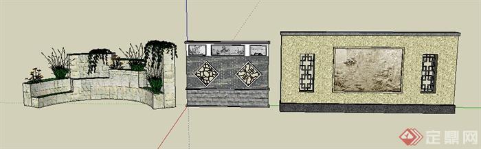 园林景观之中式景墙、弧形花坛设计方案SU模型(1)