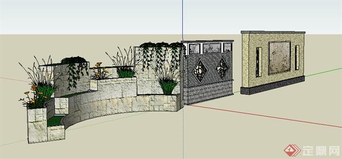 园林景观之中式景墙、弧形花坛设计方案SU模型(2)