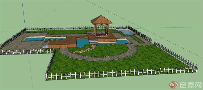 某庭院花园亭子及水体设计SU模型  (1)