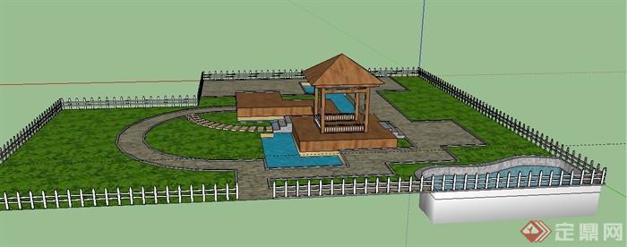 某庭院花园亭子及水体设计SU模型  (2)