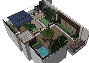 某现代中式别墅屋顶花园景观SU(草图大师)模型