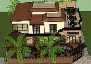 某现代中式别墅庭院建筑景观整体SU(草图大师)模型