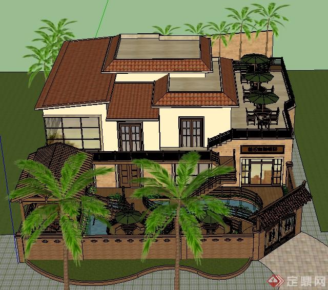 某现代中式别墅庭院建筑景观整体SU模型(1)