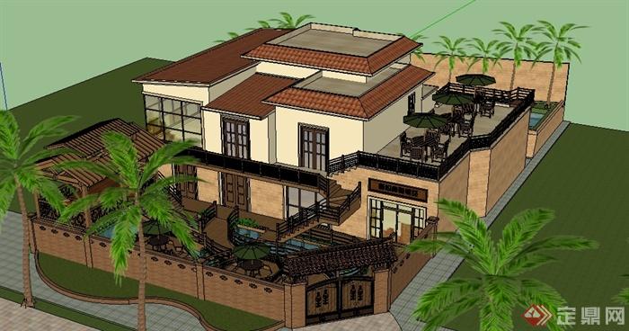 某现代中式别墅庭院建筑景观整体SU模型(2)