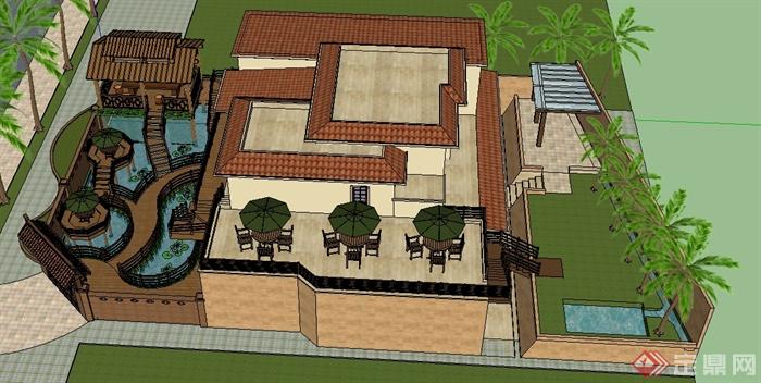 某现代中式别墅庭院建筑景观整体SU模型(3)