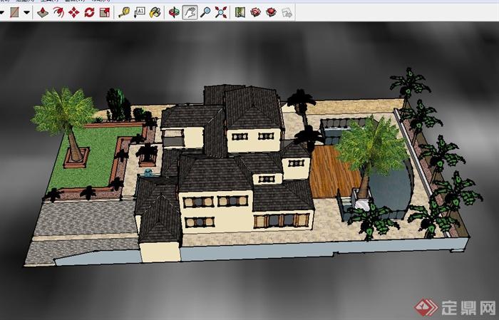 某私家住宅建筑设计SU模型（含庭院景观）(1)