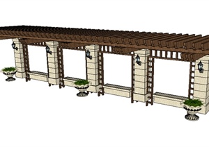 某现代木质廊架设计SU(草图大师)模型素材