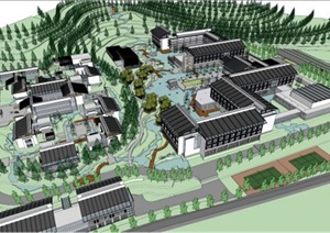 某新中式酒店会所度假区建筑景观设计SU(草图大师)模型