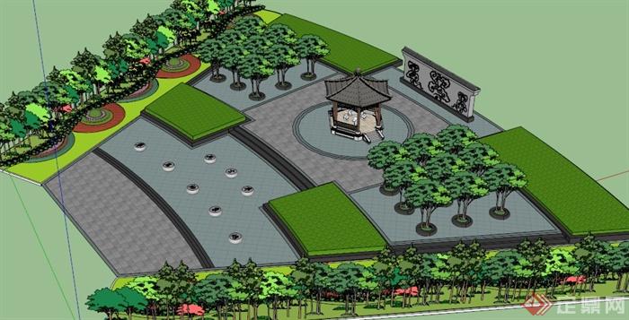 某中式景观亭广场景观设计SU模型