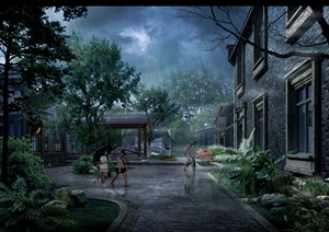 某中式别墅住宅区建筑景观雨景效果图psd格式