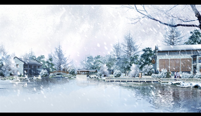 某中式雪景庭院景观透视效果图