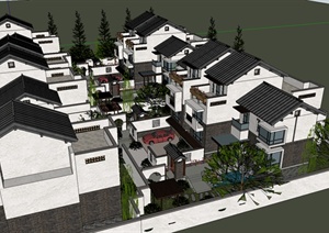 某中式别墅区区建筑设计SU(草图大师)模型（带景观）