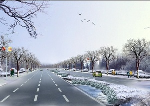 某道路雪景景观效果图psd格式