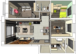 某三室两厅室内住宅装饰设计SU(草图大师)模型