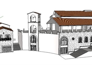 某西班牙风格商业街建筑设计整体SU(草图大师)模型