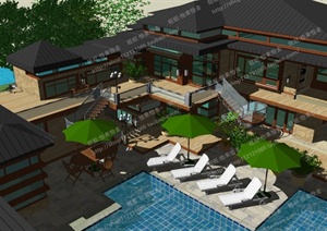 某日式酒店会所建筑设计SU(草图大师)模型